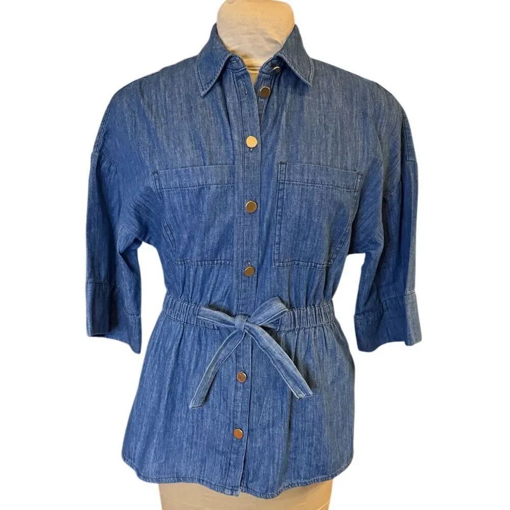 Zara Women’s Denim Shirt Elasticized Tie Waist Peplum Sz. S 3/4 Sleeves